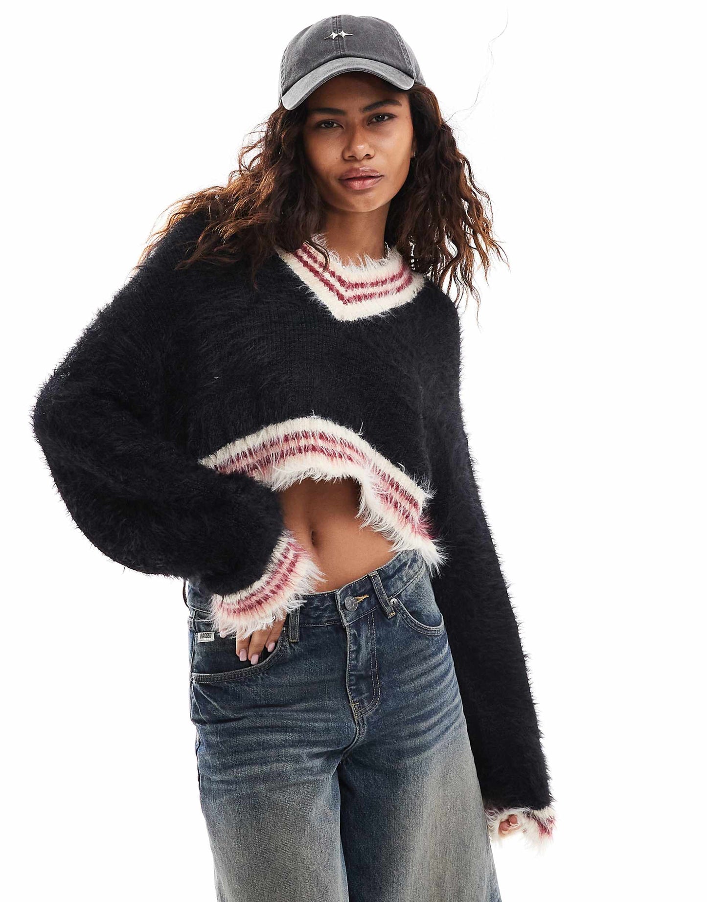 Fluffy Stripped Cropped V-Neck Knit Jumper
