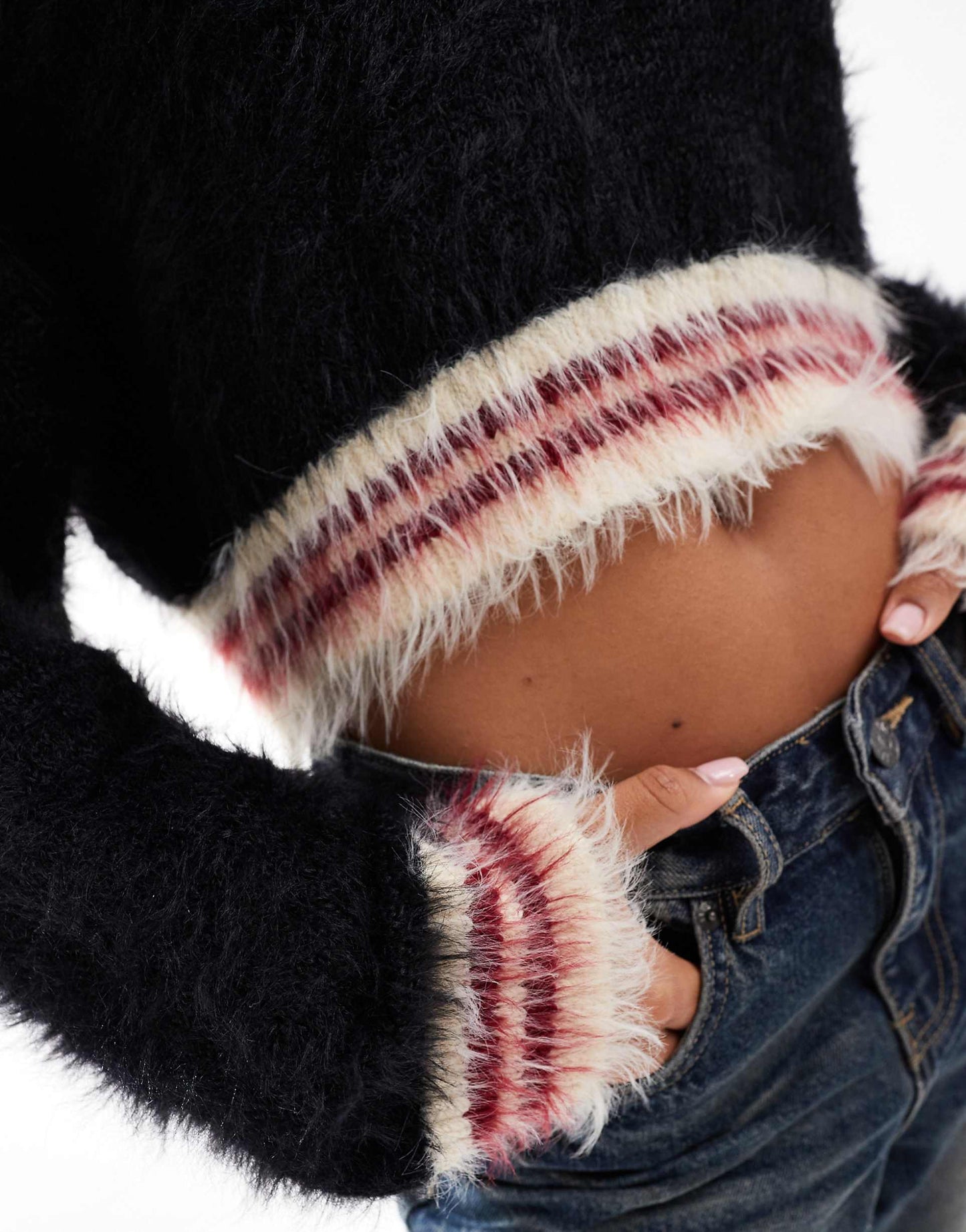 Fluffy Stripped Cropped V-Neck Knit Jumper