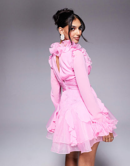 Organza Long Sleeve Exaggerated Ruffle Mini Dress