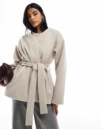 Belted Collarless Formal Coat