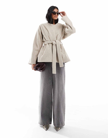 Belted Collarless Formal Coat