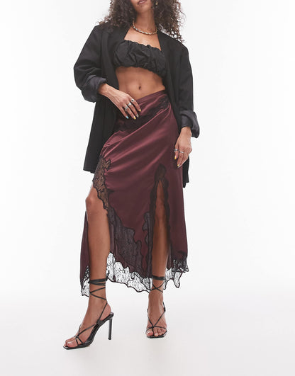 Satin And Lace Maxi Skirt Burgundy With Black Lace