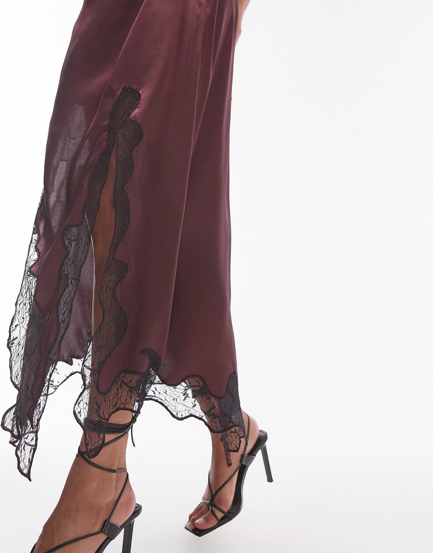 Satin And Lace Maxi Skirt Burgundy With Black Lace