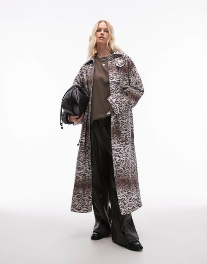 Leopard Print Cotton Long Jacket With Quilted Lining