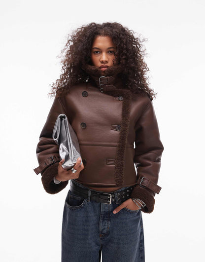 Faux Leather Borg Shearling Cropped Aviator Jacket