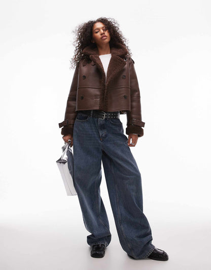 Faux Leather Borg Shearling Cropped Aviator Jacket