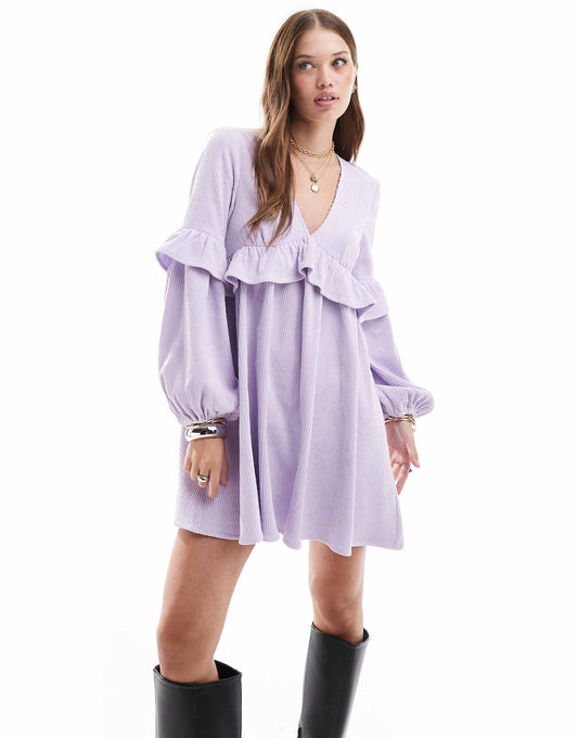 Cord Smock Mini Dress With Frill Detail