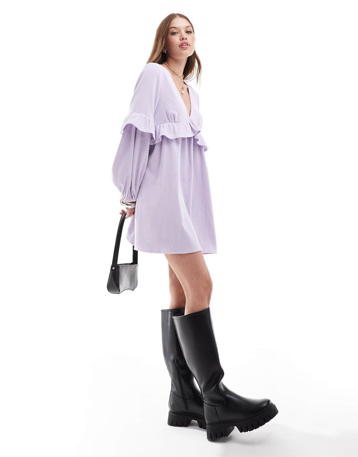 Cord Smock Mini Dress With Frill Detail