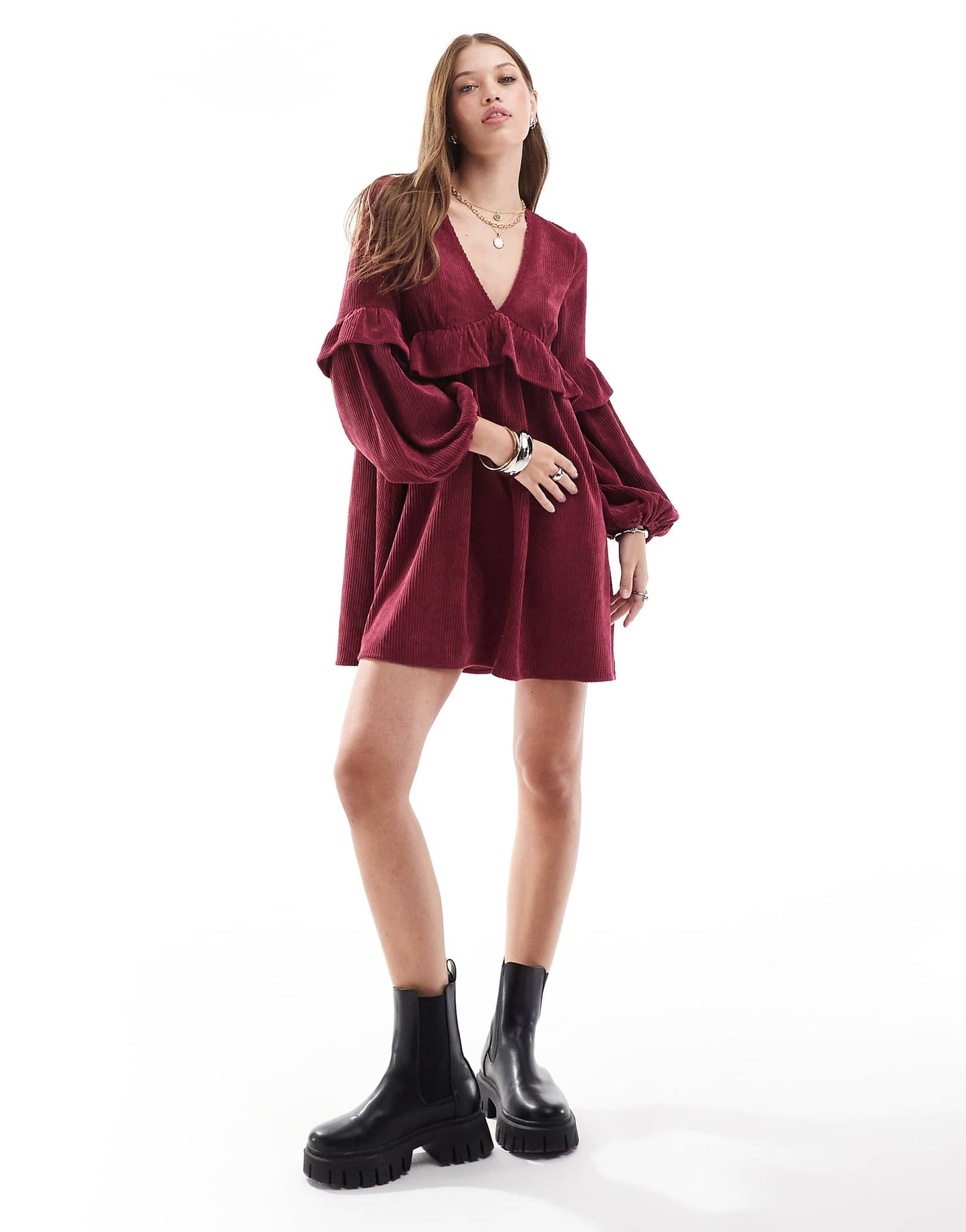 Cord Smock Mini Dress With Frill Detail