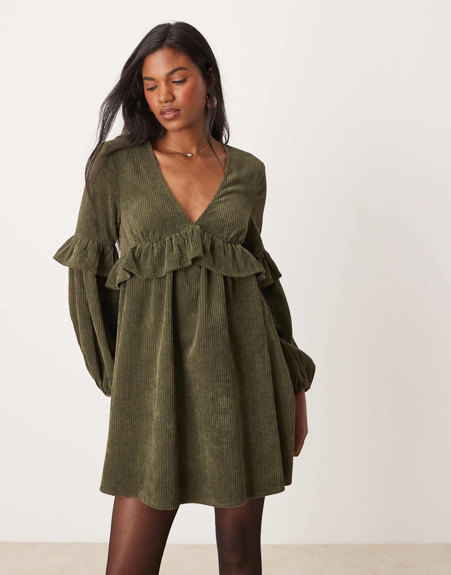 Cord Smock Mini Dress With Frill Detail