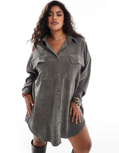 Curve Cord Oversized Shirt Dress With Drop Pocket