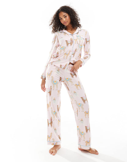 Poly Long Sleeve Revere And Trouser Pyjama Set
