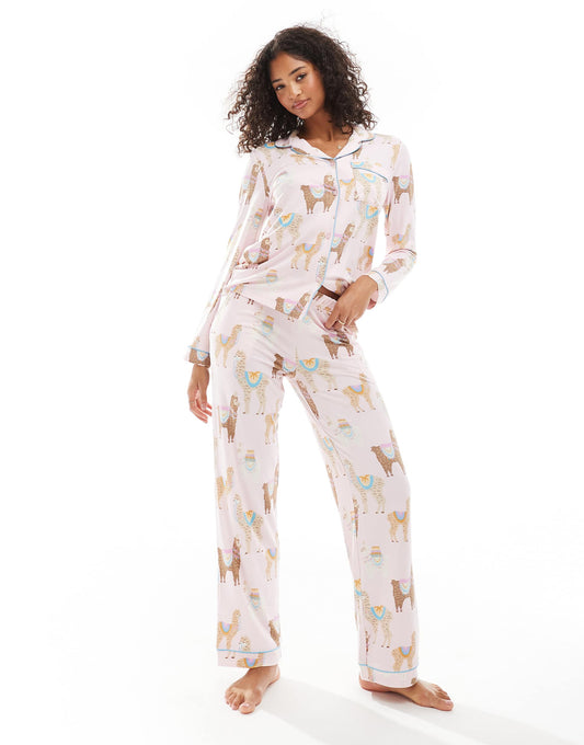 Poly Long Sleeve Revere And Trouser Pyjama Set