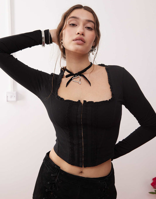 Corset Detail Long Sleeve Top