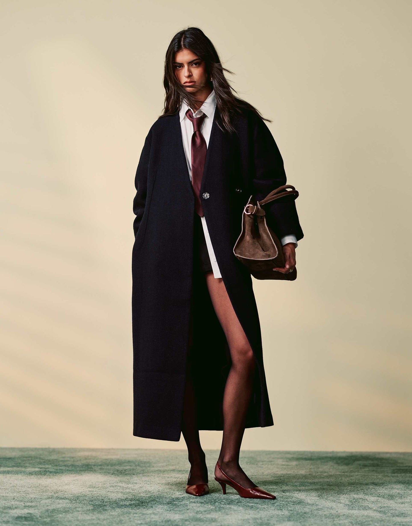Collarless Nipped Waisted Wool Coat