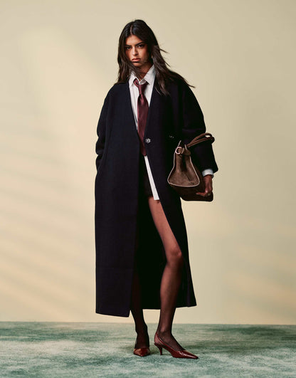 Collarless Nipped Waisted Wool Coat