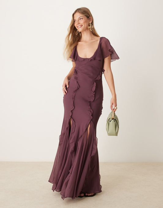 Flutter Sleeve Ruffle Godet Maxi Dress