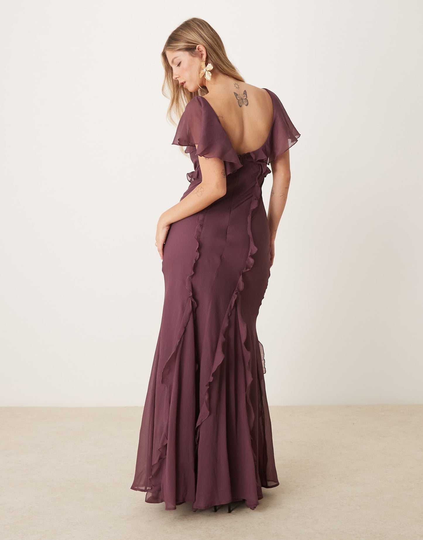 Flutter Sleeve Ruffle Godet Maxi Dress