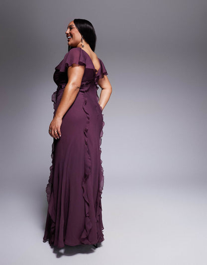 Curve Flutter Sleeve Ruffle Godet Maxi Dress
