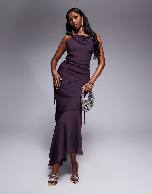 Soft Cowl Neck Strappy Back Maxi Dress With Seam Detail