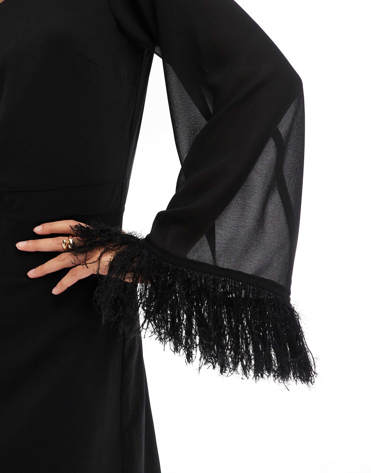 Long Sleeve Mini Dress With Faux Feather Cuffs