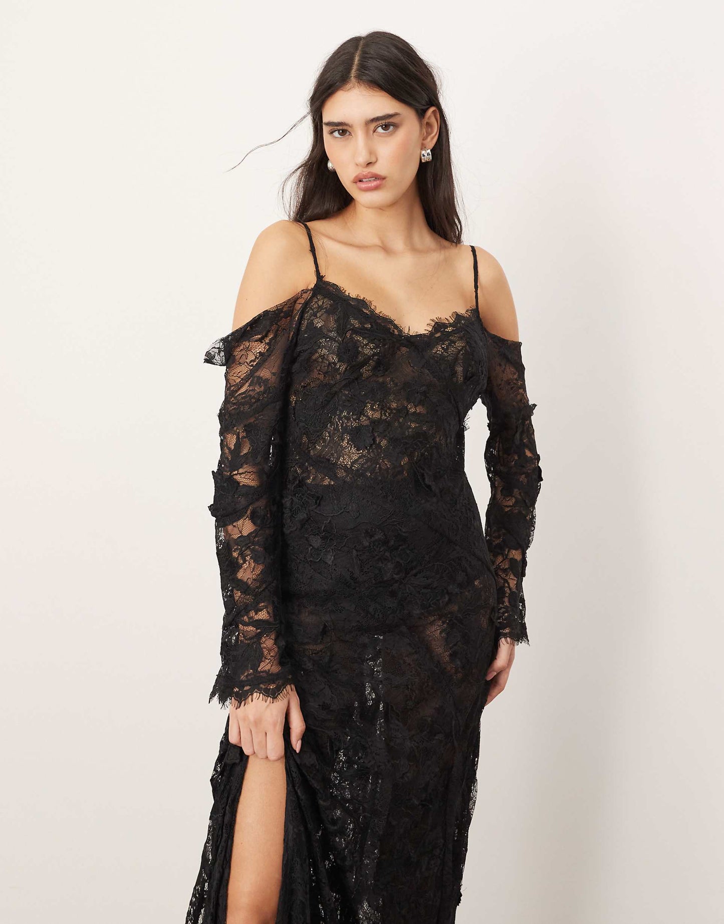 Lace Embroidered Cold Shoulder Maxi Dress With Split