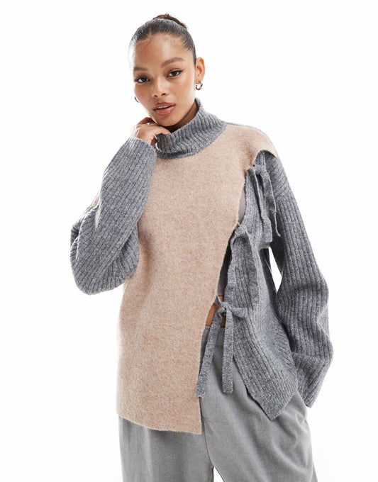High Neck Jumper With Tie Detail And Colour Block