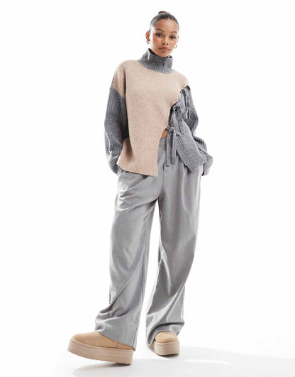 High Neck Jumper With Tie Detail And Colour Block