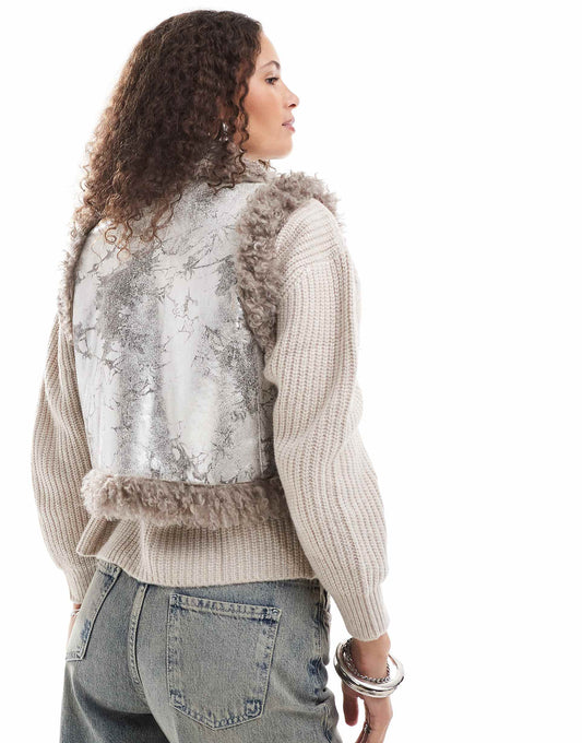 Faux Fur Aviator Gilet With Shearling Trims