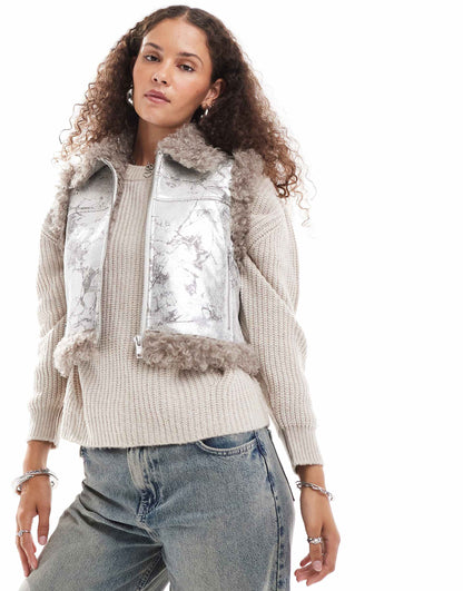 Faux Fur Aviator Gilet With Shearling Trims