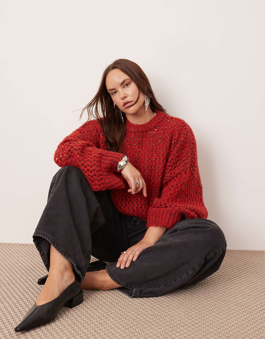 Curve Knitted Open Stitch Oversized Boxy Jumper