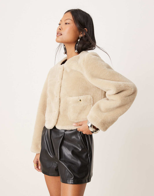 Petite Collarless Bonded Borg Jacket
