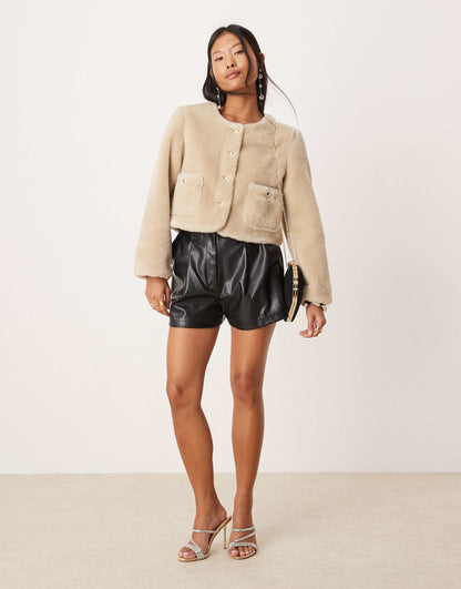 Petite Collarless Bonded Borg Jacket