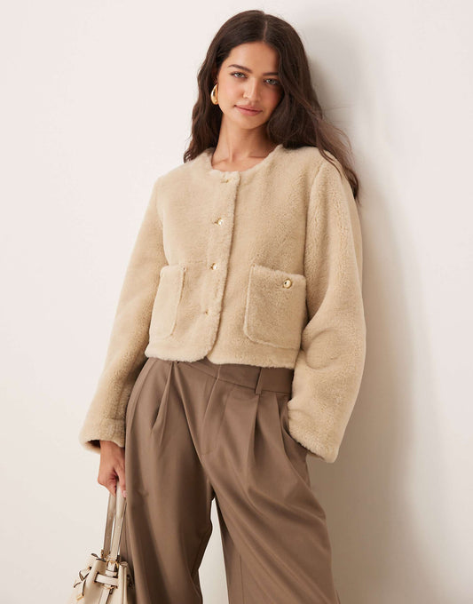 Collarless Bonded Borg Jacket
