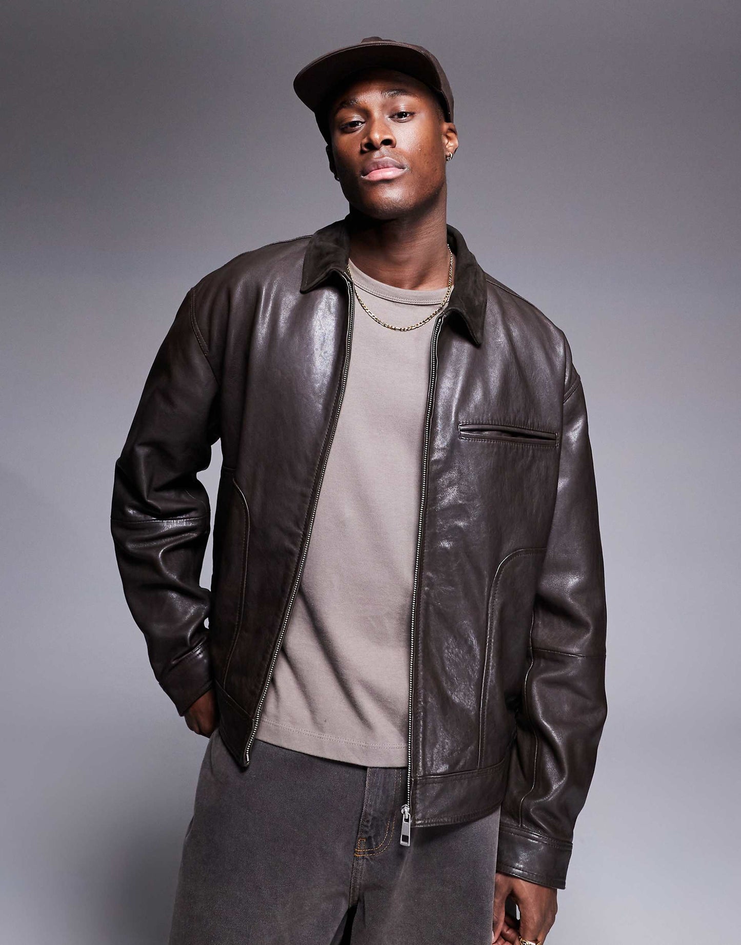 Premium Real Leather Harrington Jacket With Suede Collar