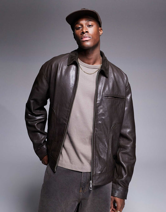Premium Real Leather Harrington Jacket With Suede Collar