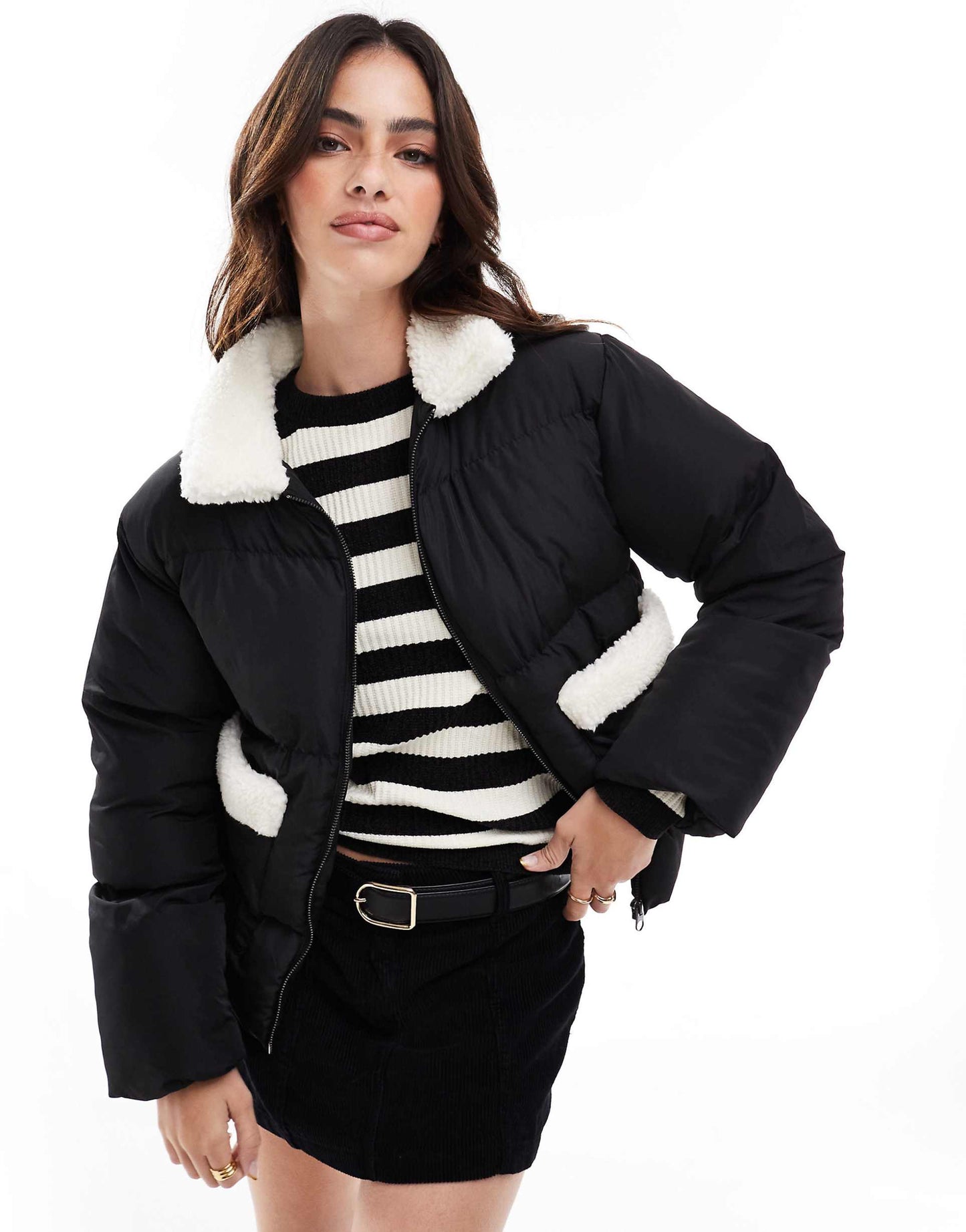 Borg Collar And Pocket Edged Puffer Jacket