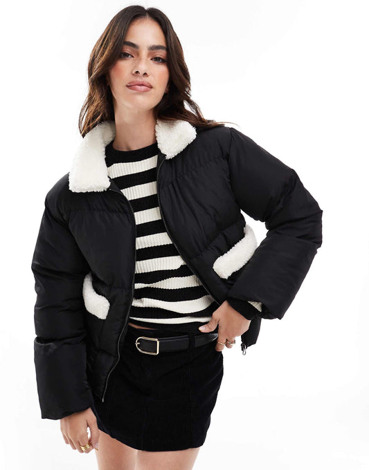 Borg Collar And Pocket Edged Puffer Jacket