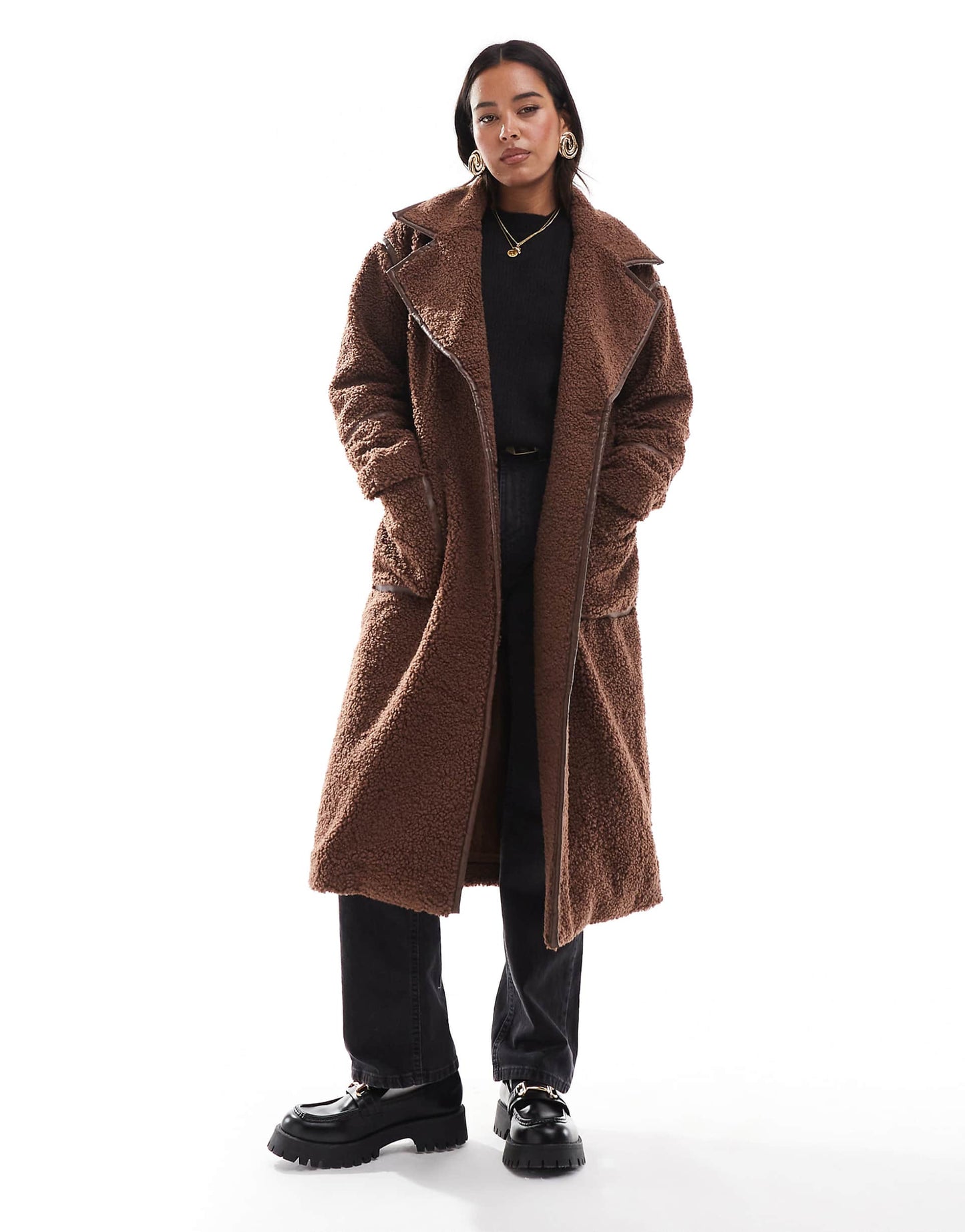 Borg Faux Leather Edged Longline Coat