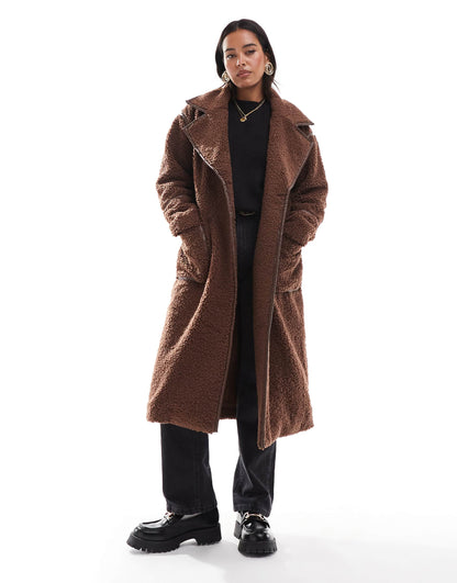 Borg Faux Leather Edged Longline Coat