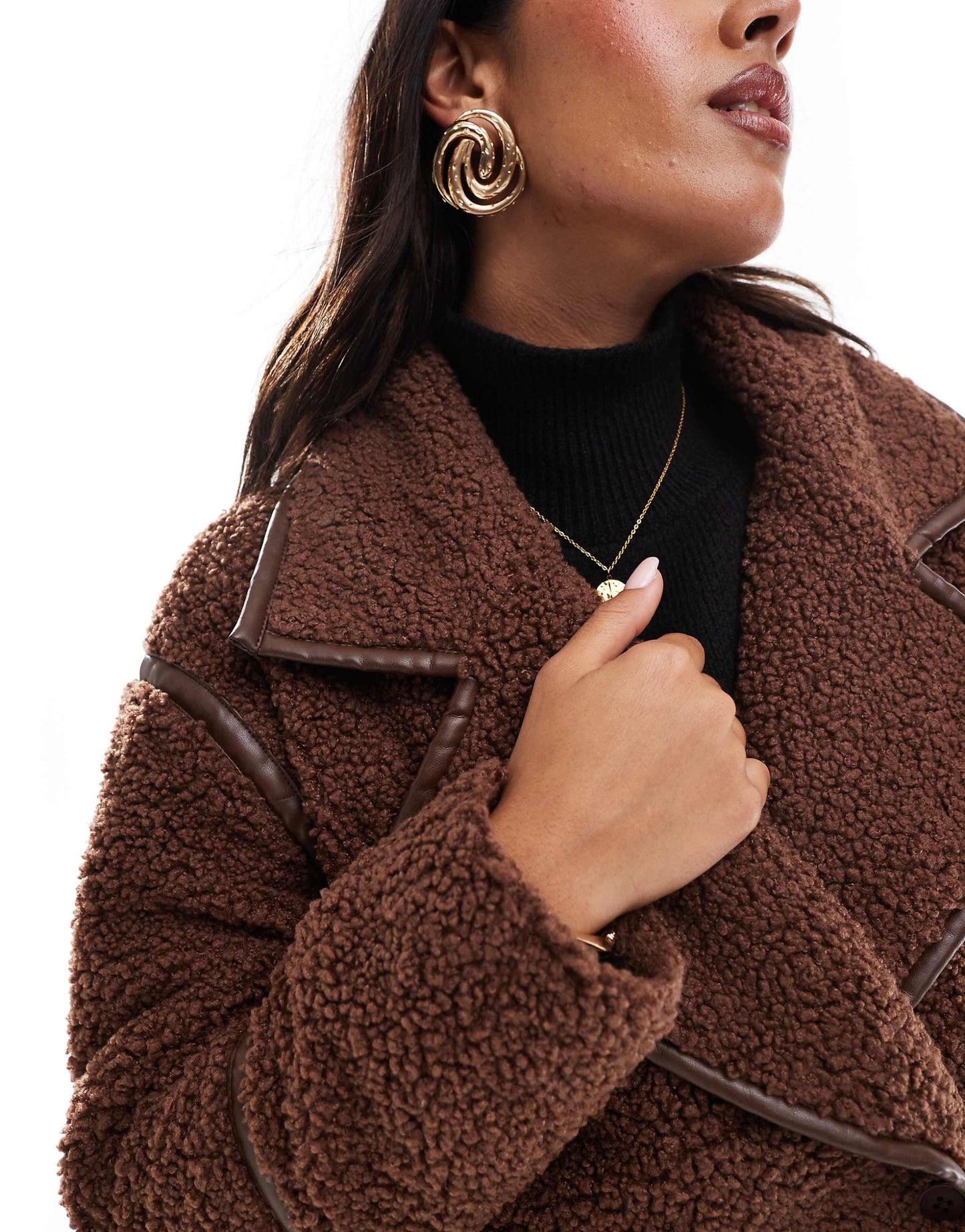 Borg Faux Leather Edged Longline Coat