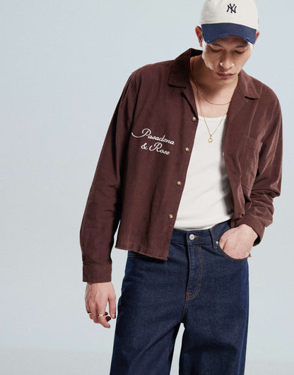 Crop Revere Cord Shirt With Chest Embroidery