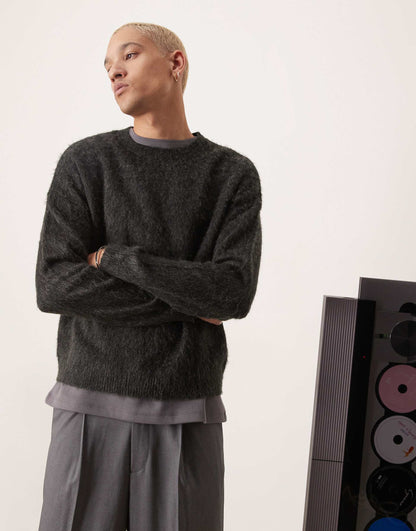 Relaxed Boxy Fluffy Knitted Crew Neck Jumper