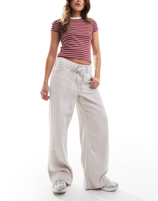 Xl Straight Linen Blend Trousers With Tie Waist