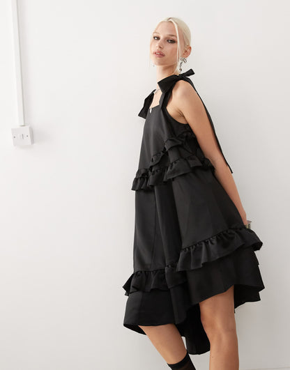 Satin Ruffle Smock Dress