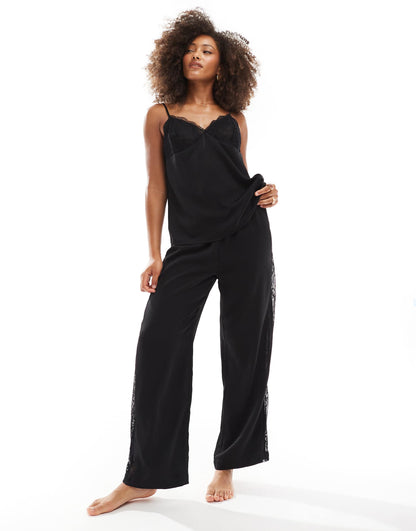 Satin Wide Leg Lace Panel Detail Pyjama Trouser Co-Ord