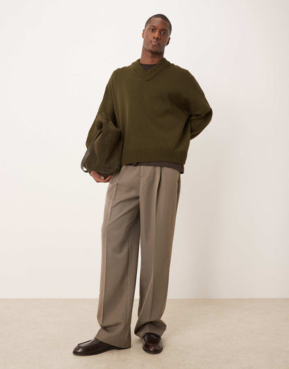 Smart Wide Leg Trousers With Front Inverted Pleats And Elasticated Waistband