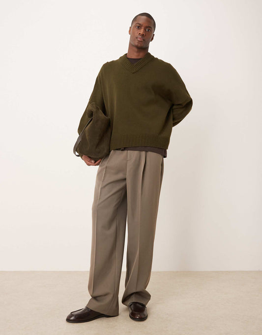 Smart Wide Leg Trousers With Front Inverted Pleats And Elasticated Waistband