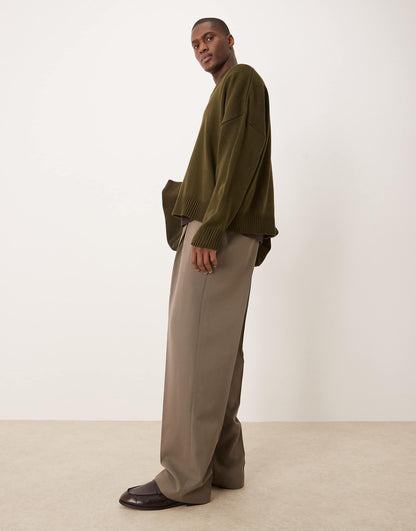 Smart Wide Leg Trousers With Front Inverted Pleats And Elasticated Waistband