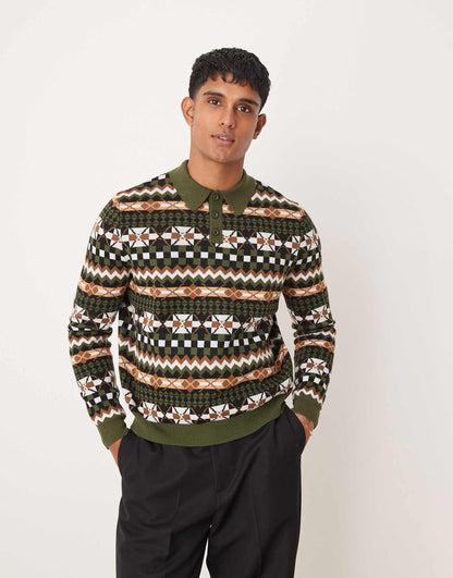Relaxed Boxy Fit Knitted Polo Jumper With Aztec Pattern